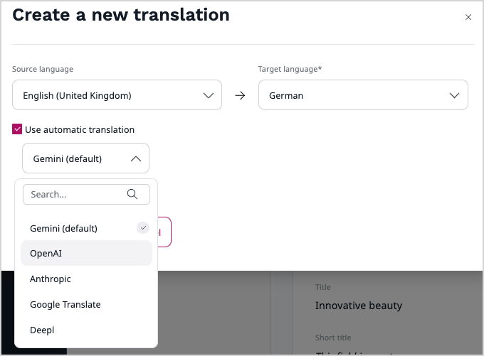 Create a new translation modal