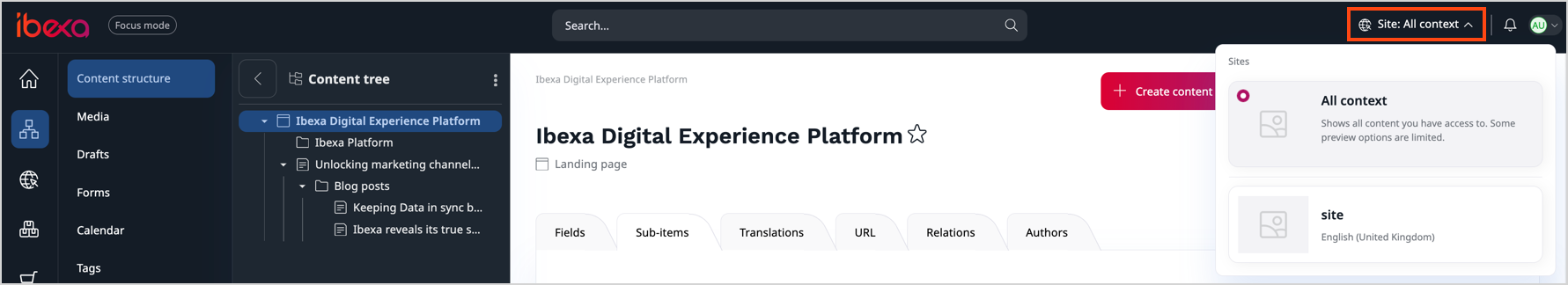 Top bar with site context selector