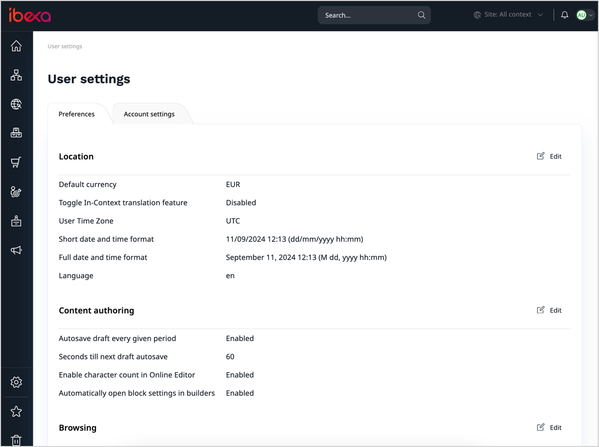 User settings